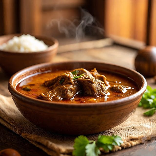 Spicy Chettinad mutton curry served with steamed rice, dosa, and onion salad.