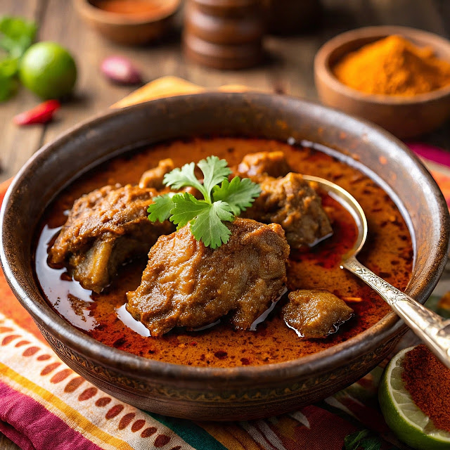 Traditional Chettinad mutton curry served in a bowl, garnished with curry leaves and dry red chilies.