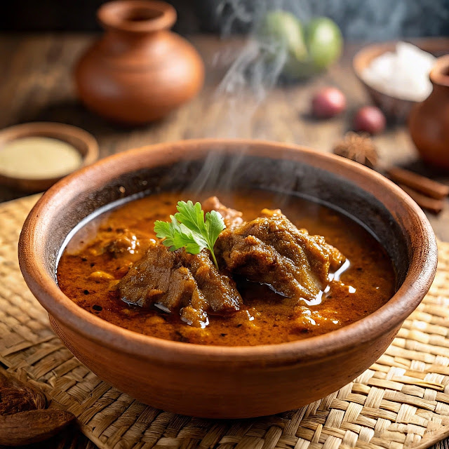 Cooking Chettinad mutton curry in a pan with whole spices, coconut, and masala paste.
