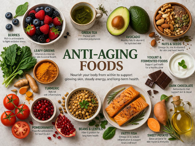 anti-aging foods poster featuring berries, avocado, nuts, seeds, fatty fish, leafy greens, tomatoes, yogurt, green tea, sweet potato, beans, lentils, olive oil, turmeric, and amla